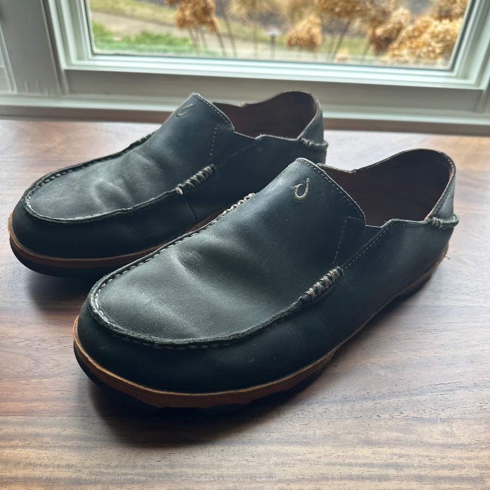 Olukai Moloa Shoes Mens 11 Black Convertible Leather Slip On Casual Moc Loafers‎